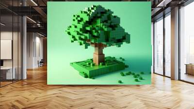 3d illustration render of cubic tree with green leaves and background. Generative Ai. 3D style oak tree. Wall mural