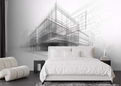 3D rendering of a contemporary cityscape, featuring abstract architectural design elements and a futuristic feel. Wall mural