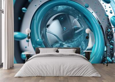 A 3D-rendered advertisement emphasizes the use of macro-fiber fabric, antimicrobials, bleaches, and detergents to deep-clean shirts and remove stains from a water bubble. Wall mural