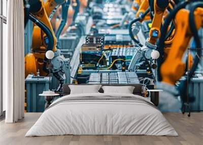 A broad view of a production line for electric car batteries, with robotic arms assembling lithium-ion packs in a smart automotive factory. Wall mural