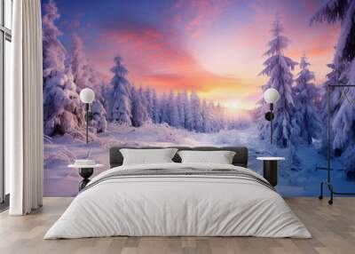 A Christmas-tinged forest aglow with radiant morning hues. Wall mural