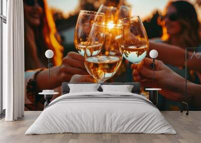 A clique of female friends cheers with glasses of white wine during sunset. Close-up. Wall mural