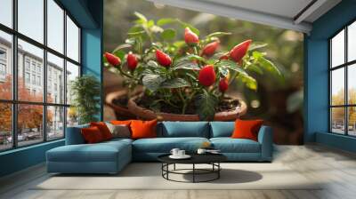 A container-grown chili pepper indoors. Wall mural