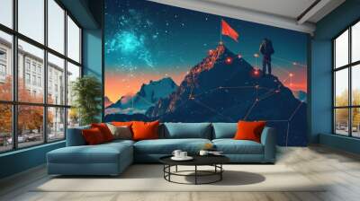 A digital peak featuring a banner and a skilled business climber at the summit, representing the idea of achieving goals and ambition.  Wall mural