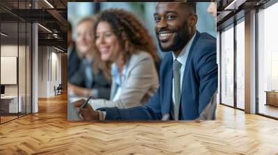 A diverse group of professionals collaborating in a conference room, discussing and planning for their business. Wall mural