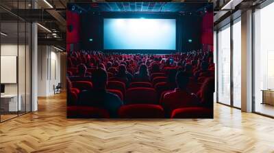 A movie theater with a large, empty screen and viewers sitting in crimson seats. Faint human figures observing a film. Wall mural