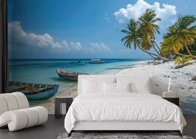 A paradise island with ivory beaches and watercraft. Wall mural