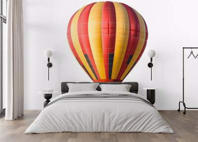 A solo hot air balloon against a white backdrop, under a clear blue sky with fluffy clouds. Wall mural