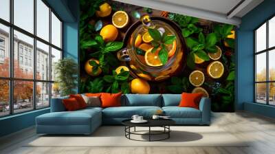 A top-down view of an iced tea pitcher surrounded by fresh mint leaves and sliced citrus fruits. Generative ai. Wall mural