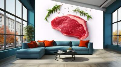 A top view of isolated raw beef steak on a blank background, representing edibles. Wall mural