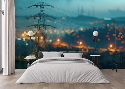 A towering structure for transmitting electricity, with a luminous line carrying renewable energy to urban and residential areas in the evening, depicted in a 3D rendering. Wall mural