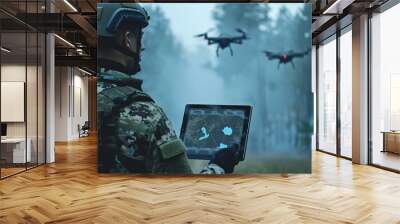 Advanced military technology being used to analyze and coordinate drone usage with soldiers on the field, utilizing a digital tablet with augmented reality. Wall mural