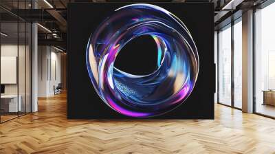 An abstract, holographic fluid shape made of transparent glass, with a soap water bubble and reflection, isolated on a black background. 3d illustration. Wall mural