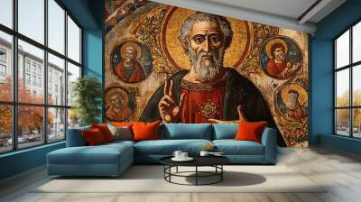 An ancient manuscript illustrates Saint Ignatius of Antioch encircled by symbolic icons that embody his lasting faith and foundational Christian teachings. Wall mural