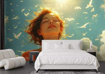 An enchanting depiction of a contented lady soaring amidst white birds in a cloudy atmosphere. Wall mural