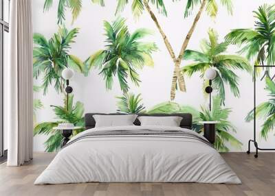 Artistic hand-drawn illustration of a watercolor pattern featuring tropical palm trees. Wall mural