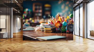 Back to School. Student's workplace at school or at home. Fillied with accessories for study. Wall mural