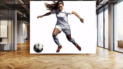 Beautiful female soccer player kicking ball with heel. Isolated on white background. Woman football concept. Wall mural