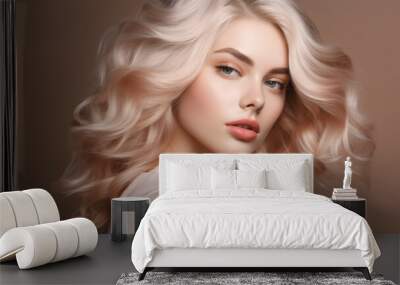 Beautiful girl hair coloring in ultra blond. Stylish hairstyle curls done in a beauty salon. Fashion, cosmetics and makeup. Generative ai. Wall mural