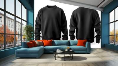 Black sweater template. Sweatshirt long sleeve with clipping path, hoody for design mockup for print, isolated on white background. Generative Ai. Wall mural