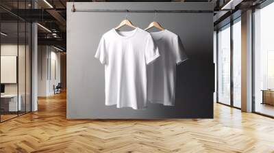 Blank White T-Shirts Mock-up hanging on white wall, front view. Template for custom design. Generative ai. Wall mural