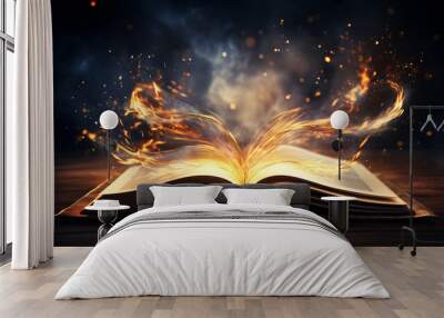 Book With Open Pages. Magic Vibe And Abstract Lights Shining In Darkness Wall mural