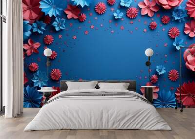 Celebrate American Independence Day with a paper fan and stars on a sky blue background. Perfect for greeting cards, flyers, and posters. Wall mural