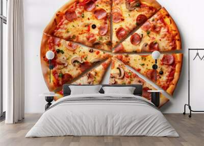 Classic pizza from pizzeria top view with cut slices isolated on a white background. Wall mural