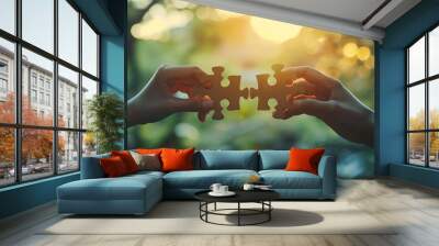 Collaborative teamwork and cooperation to solve a problem, like fitting puzzle pieces, between a man and woman in a business setting. Wall mural