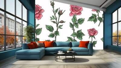 Collection of line drawing of green foliage and rose flowers, isolated. Black symbol of spring garden roses, wreath sketch of plants. Illustration of botanical stems, green leaves and floral growth. Wall mural