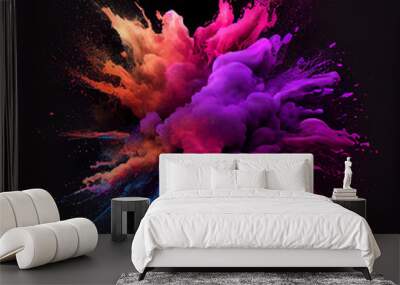 Colored powder explosion on a black background. Abstract closeup dust on backdrop. Colorful explode. Paint holi. Generative Ai. Wall mural