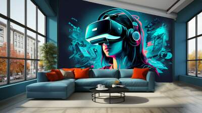 Concept of virtual reality technology, graphic of a teenage gamer wearing VR head-mounted playing game. Generative Ai. Wall mural