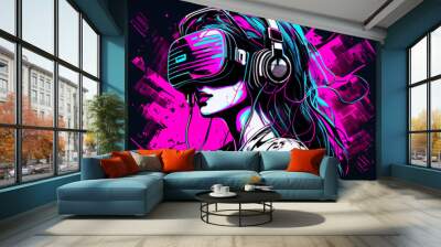 Concept of virtual reality technology, graphic of a teenage gamer wearing VR head-mounted playing game. Generative Ai. Wall mural