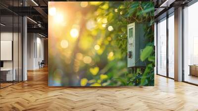 Energy meter for household electronic devices with obscured nature-inspired green backdrops, ideas for electricity consumption. Wall mural