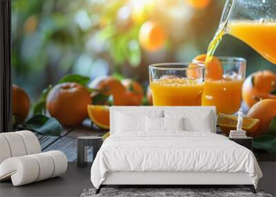 Filling a glass with orange juice on a wooden table in an orange orchard. Wall mural