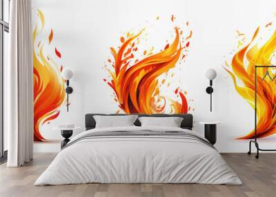 Flames of fire, collection of icons, set of illustration on white background. Generative Ai. Wall mural