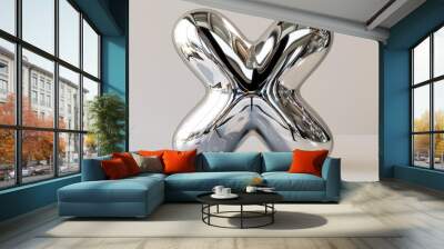 Gleaming 3D metallic X, vintage yet futuristic bubble-shaped design, reflective liquid metal look, isolated 3D rendering, Y2K graphic for contemporary projects. Wall mural