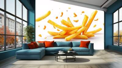 Golden fried potato chips on a clear white background with sharp focus. Wall mural