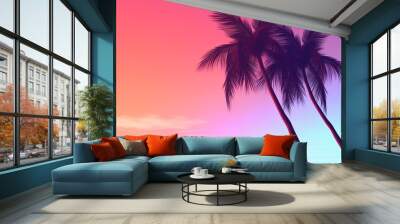 Gradient sunset backdrop with palm tree silhouettes, featuring a vaporwave vibe and 3D rendering. Wall mural