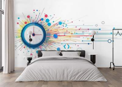 graphic depicting latency with a speed meter and network lines highlighting data transmission delays, set against a white background. Wall mural