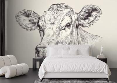 Hand-drawn engraving of a cow's head in a farm setting. Wall mural