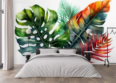 Hand drawn watercolor tropical plants background. Exotic palm leaves, jungle tree, brazil tropic botany elements. Perfect for fabric design. Aloha collection. Generative ai. Wall mural