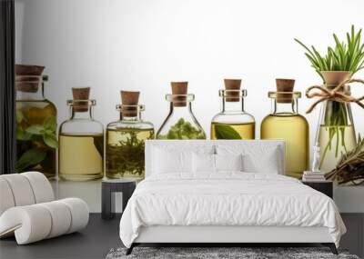 Herb oil bottles of homeopathy herbs. Generative AI. Isolated on white background Wall mural