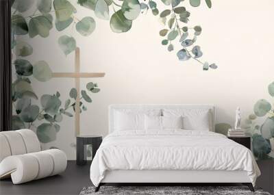 Invitation for a religious ceremony featuring eucalyptus foliage and a cross, celebrating the baptism and christening of a child. Wall mural