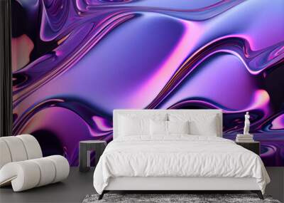 Iridescent liquid metal surface with ripples. 3d illustration. Abstract fluorescent background. Fluid neon leak backdrop. Ultraviolet viscous substance. Generative Ai. Wall mural