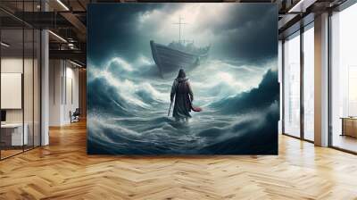 Jesus walks on water across the sea towards a boat during a storm. Biblical theme concept. Generative Ai. Wall mural