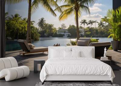 luxurious house features a stunning waterfront pool and a modern exterior design. Wall mural