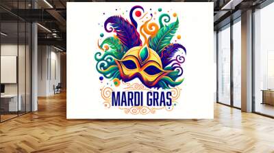 Mardi gras. Mask with feathers, festival bright colours. Icon, clipart for website, holiday, travel, festival application. Mardi gras party invitation. Flat illustration, cartoon style. Generative Ai. Wall mural