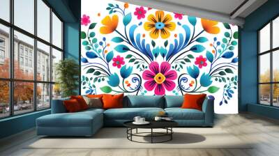 Mexican flower traditional pattern background. Mexican ethnic embroidery decoration ornament. Flower symmetry texture. Ornate folk graphic, wallpaper. Festive mexican floral motif. Vector illustration Wall mural