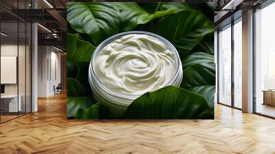 Natural cosmetic cream texture for body care on a green leaf. Natural organic cosmetics made of plants. Eco Skin care Wall mural